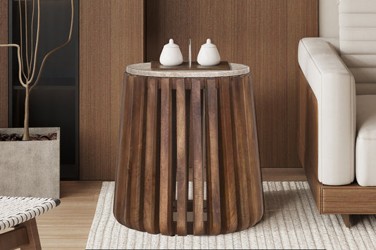 Bijzettafel 'Luuk' 40 cm Rond Mango hout met Travertin Beige