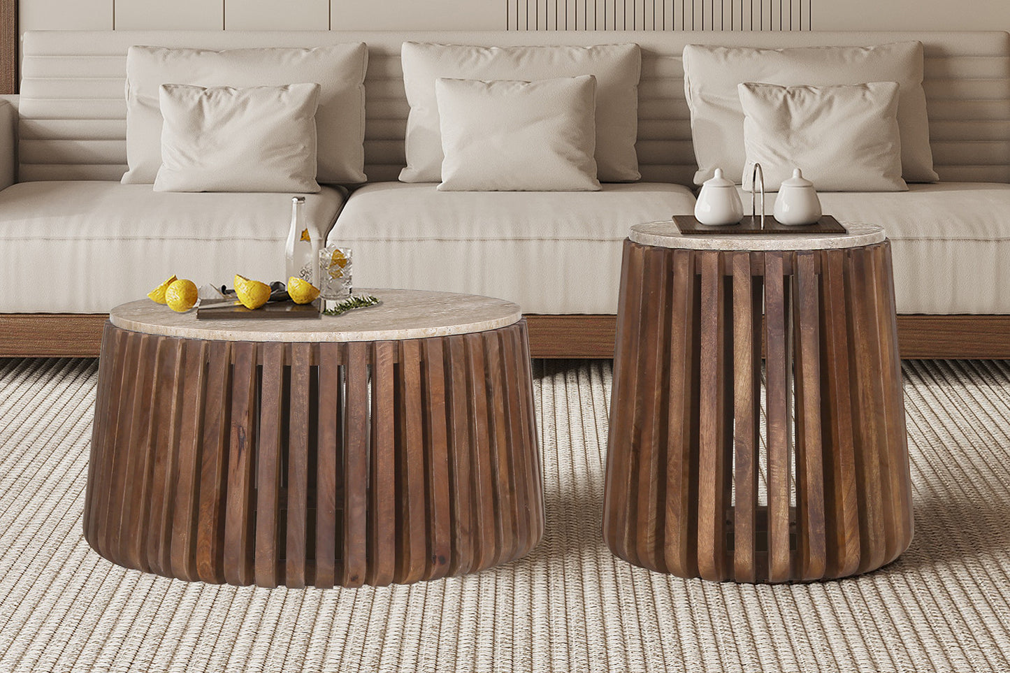 Bijzettafel 'Luuk' 40 cm Rond Mango hout met Travertin Beige