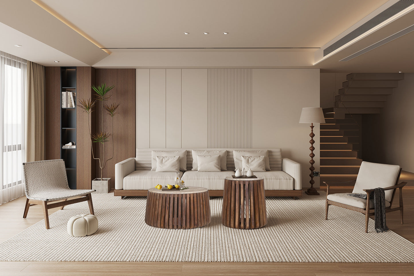 Bijzettafel 'Luuk' 40 cm Rond Mango hout met Travertin Beige