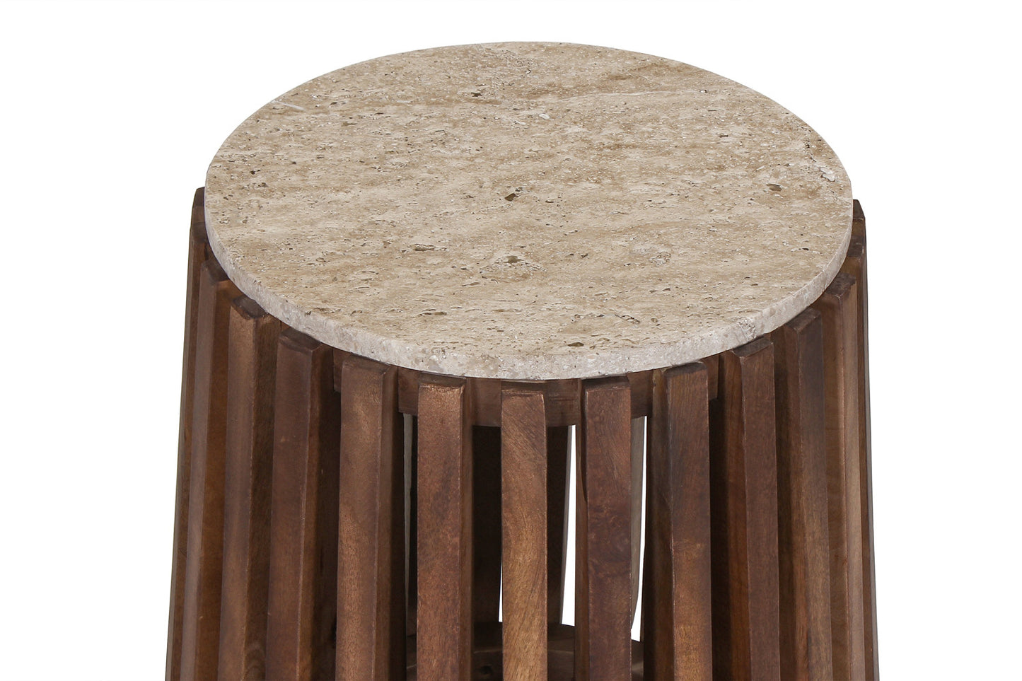 Bijzettafel 'Luuk' 40 cm Rond Mango hout met Travertin Beige