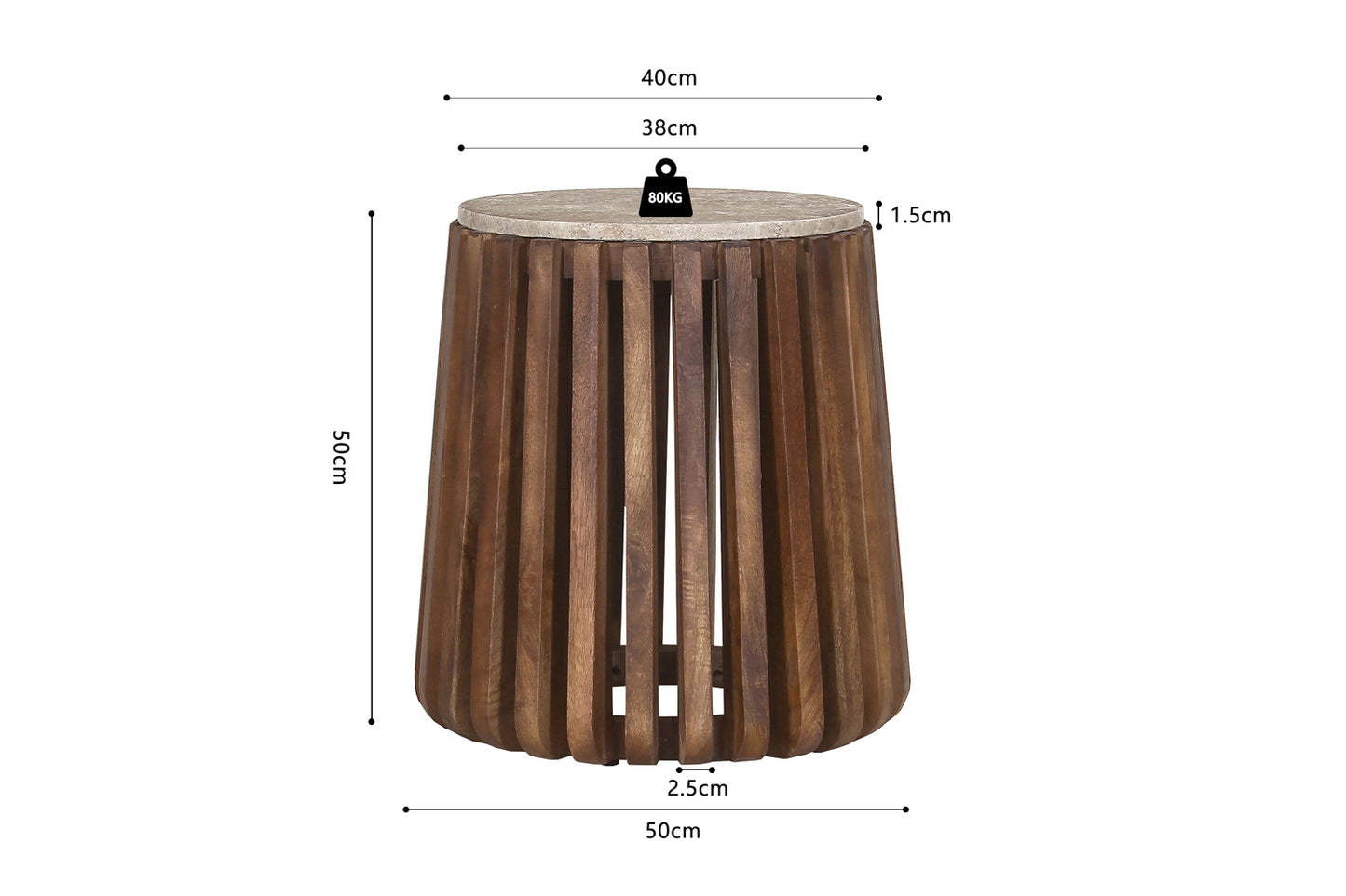 Bijzettafel 'Luuk' 40 cm Rond Mango hout met Travertin Beige